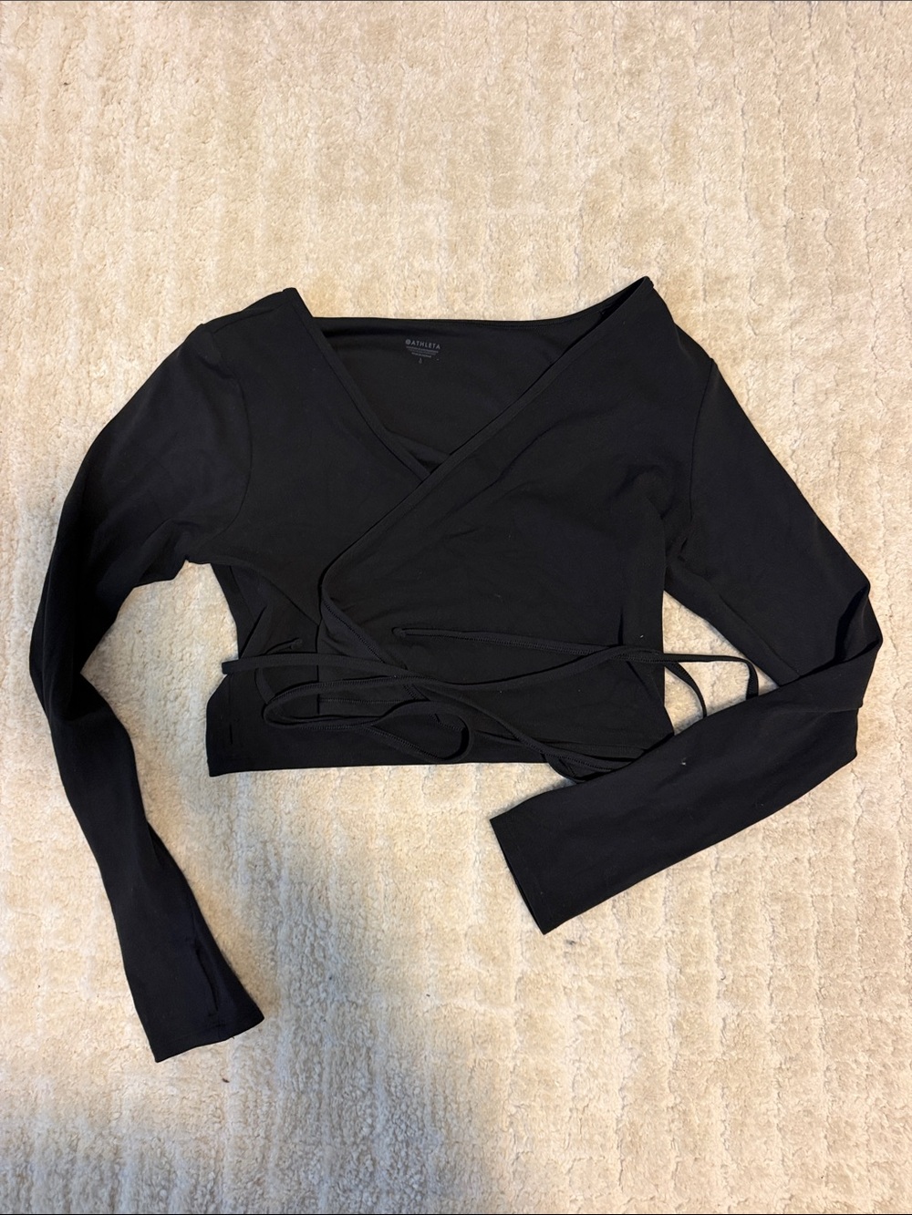 Athleta Black Wrap-Front Long Sleeve Crop Top